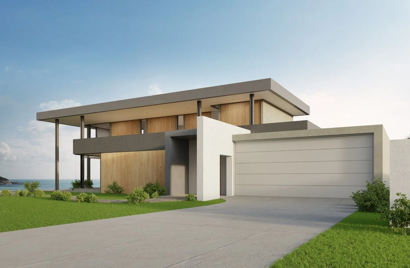 An artist 's impression of a modern house with a large garage and a view of the ocean.